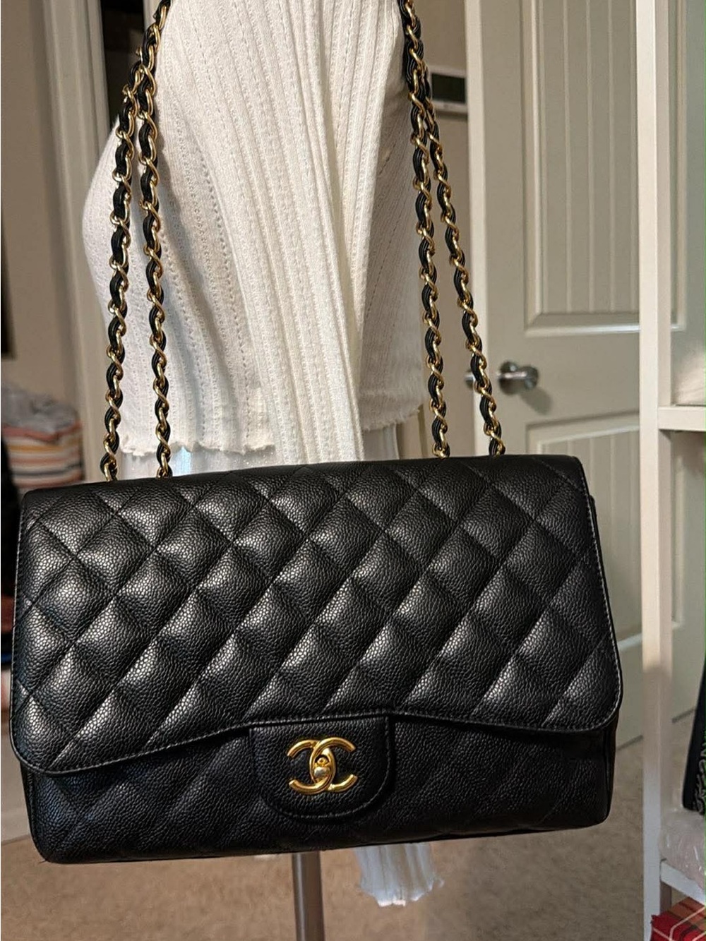 CHANEL JUMBO Black Quilted Caviar Leather Shoulder Bag Single Flap